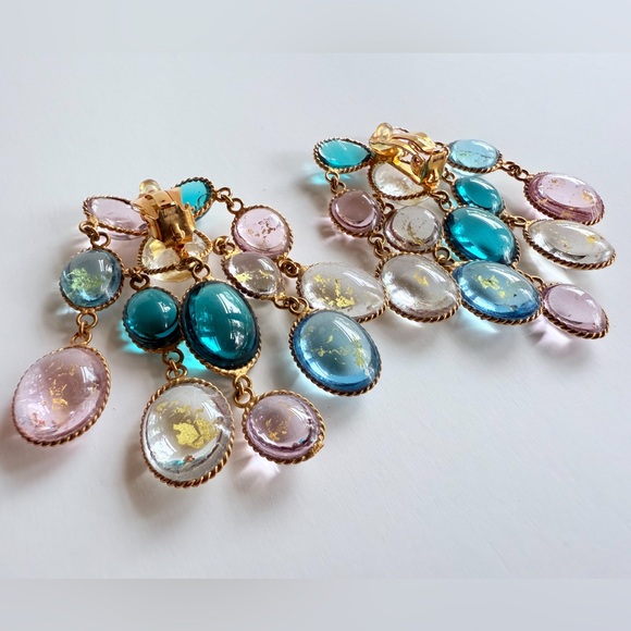 Vintage French Gripoix Poured Glass Chandelier Earrings Pink Blue Gold Leaf Foil - Picture 11 of 16